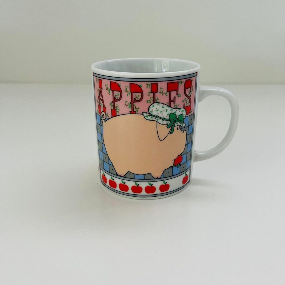GEORGE GOOD 1986 Pig With A Bonnet "APPLES" Double Sided Coffee Mug Cup